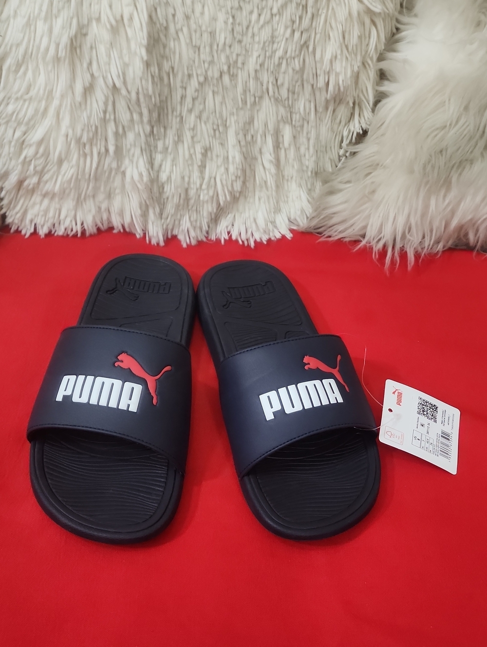 Puma Men's Black Slide Sandals with Red Puma Logo